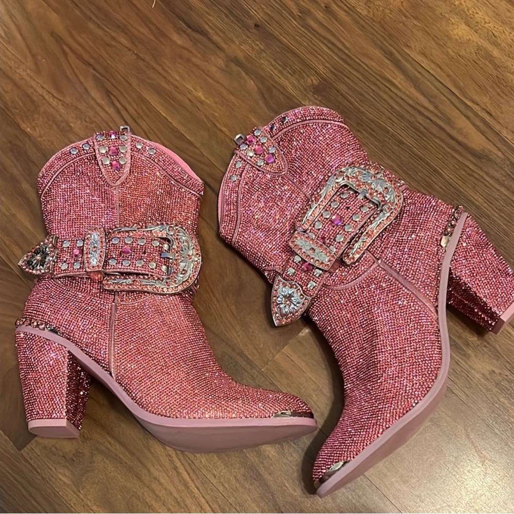 Dolls Kill Pink Rhinestone Heeled Boots